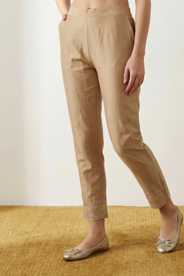 Gold Embroidered Straight Fit Ankle Length Mid Rise Trousers