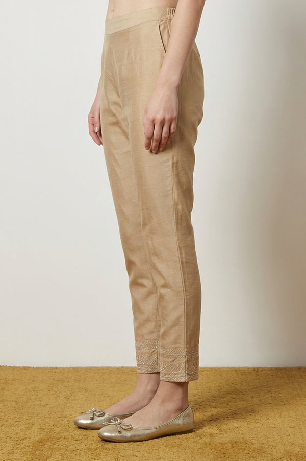 Gold Embroidered Straight Fit Ankle Length Mid Rise Trousers