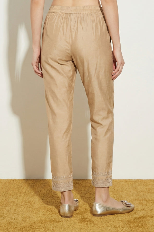 Gold Embroidered Straight Fit Ankle Length Mid Rise Trousers