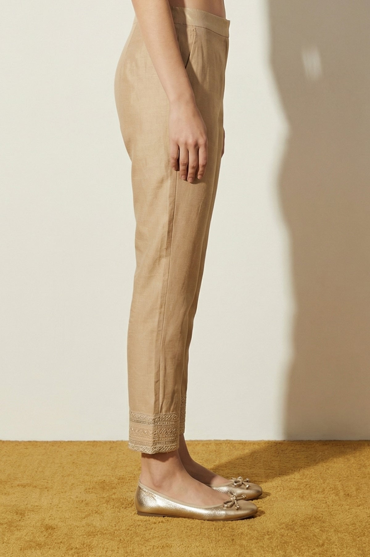 Gold Embroidered Straight Fit Ankle Length Mid Rise Trousers