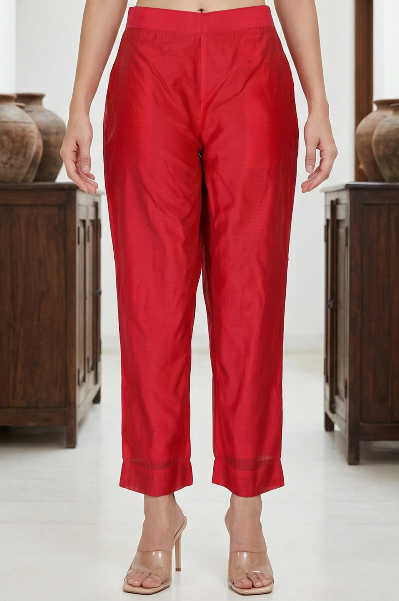 Red Solid Chanderi Straight Fit Ankle Length Trousers