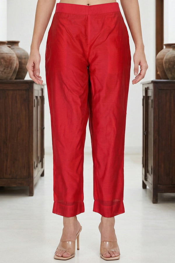 Red Solid Chanderi Straight Fit Ankle Length Trousers
