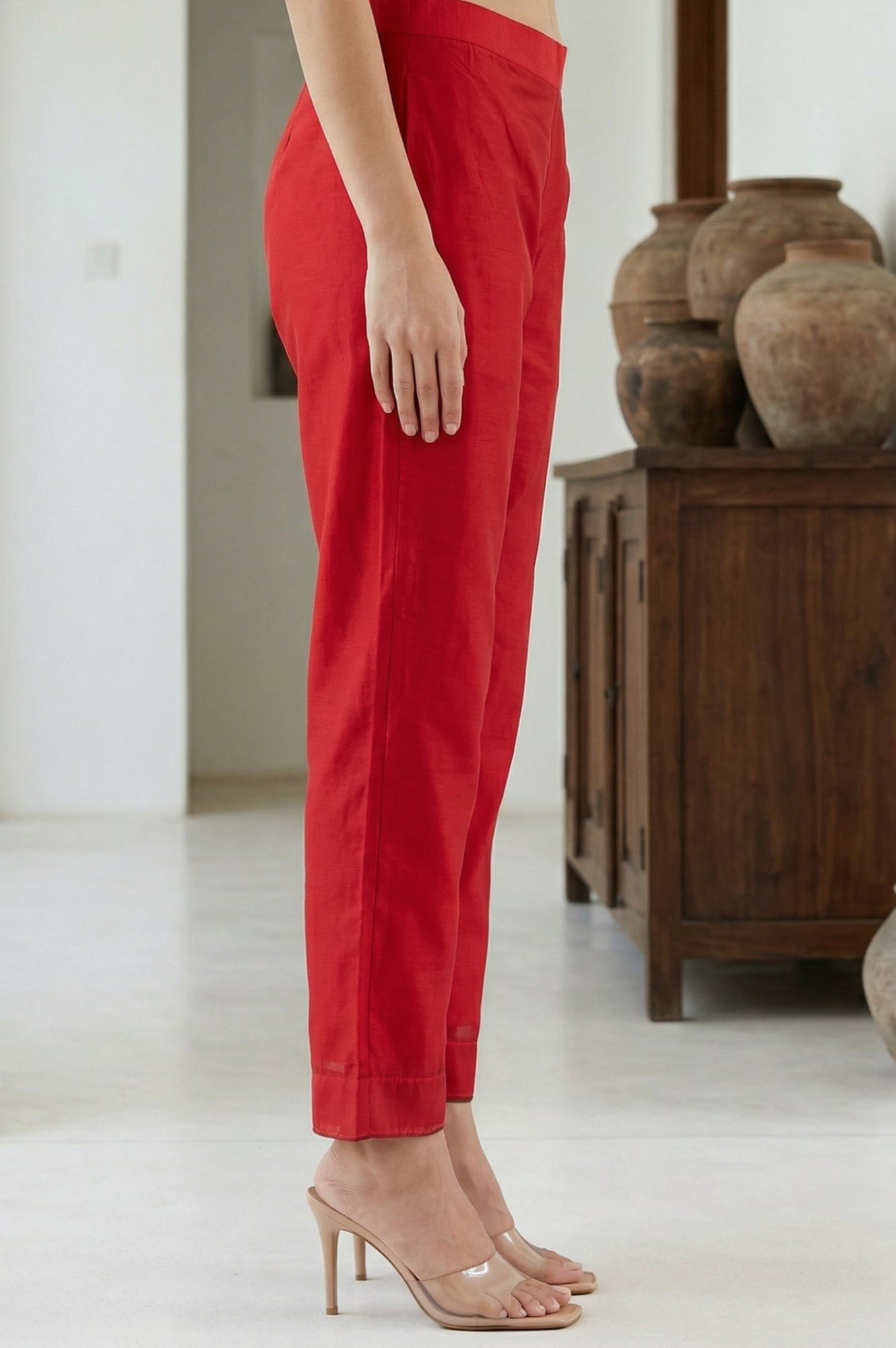 Red Solid Chanderi Straight Fit Ankle Length Trousers