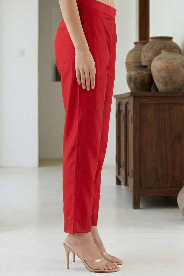Red Solid Chanderi Straight Fit Ankle Length Trousers