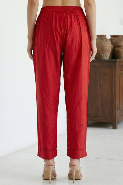 Red Solid Chanderi Straight Fit Ankle Length Trousers
