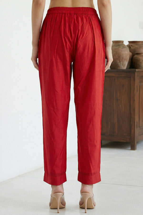 Red Solid Chanderi Straight Fit Ankle Length Trousers
