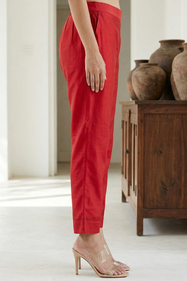Red Solid Chanderi Straight Fit Ankle Length Trousers