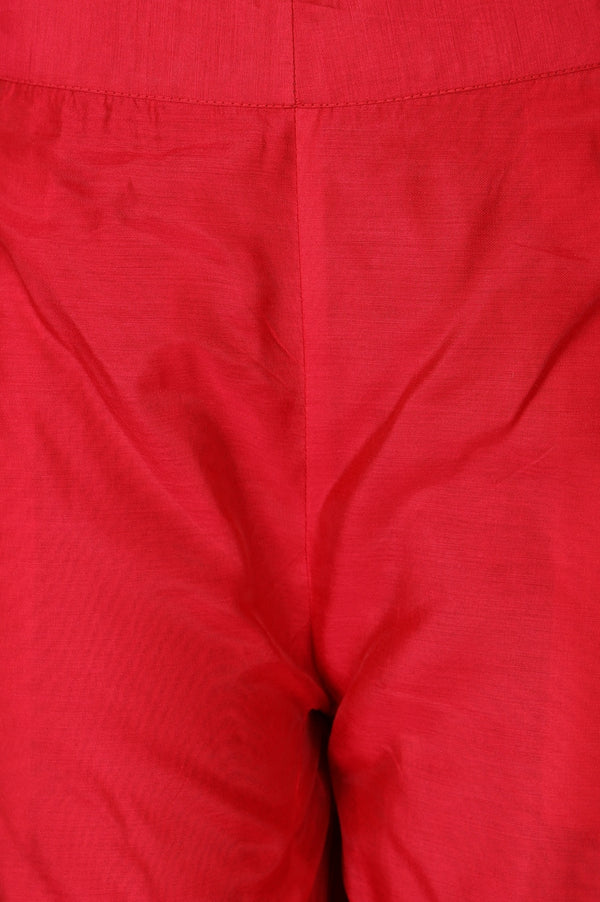 Red Solid Chanderi Straight Fit Ankle Length Trousers