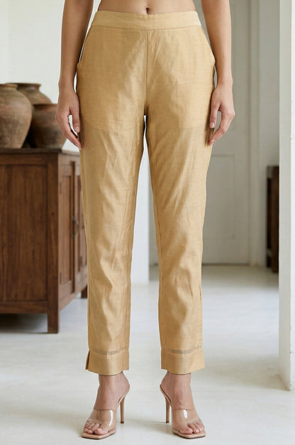 Gold Solid Chanderi Straight Fit Ankle Length Trousers