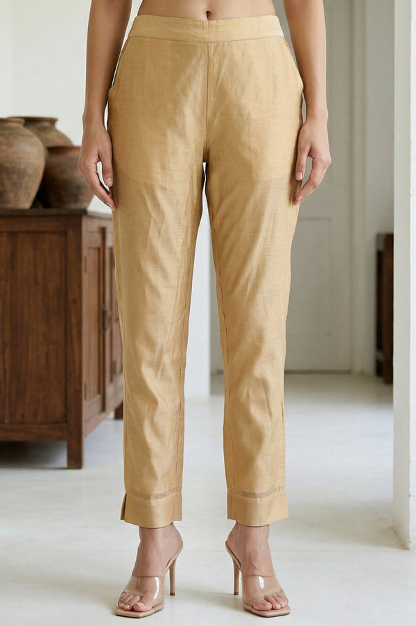 Gold Solid Chanderi Straight Fit Ankle Length Trousers