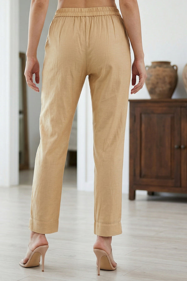 Gold Solid Chanderi Straight Fit Ankle Length Trousers