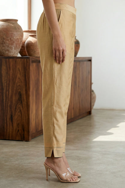 Gold Solid Chanderi Straight Fit Ankle Length Trousers