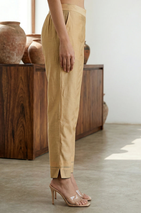 Gold Solid Chanderi Straight Fit Ankle Length Trousers