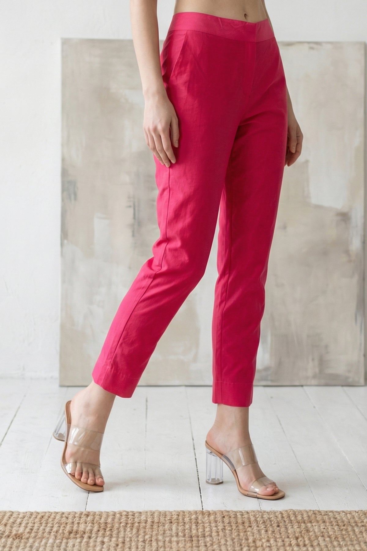 Pink Solid Chanderi Tapered Fit Ankle Length Trousers