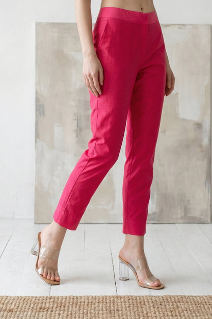 Pink Solid Chanderi Tapered Fit Ankle Length Trousers