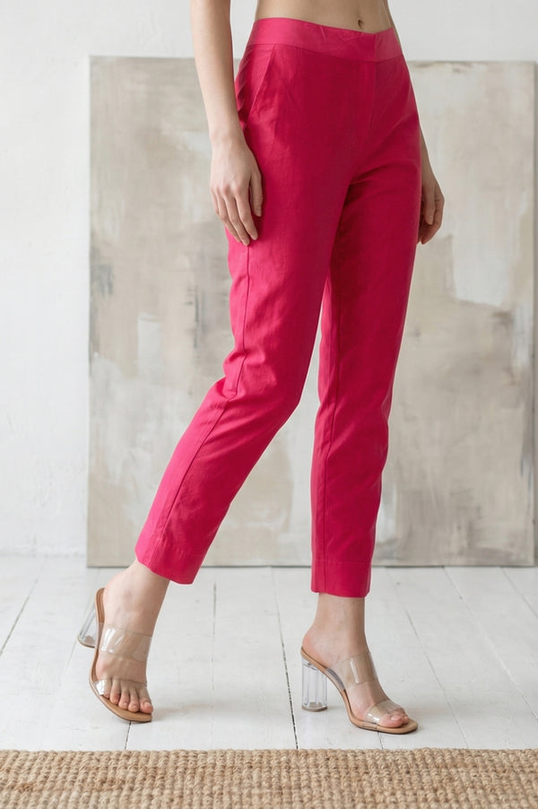 Pink Solid Chanderi Tapered Fit Ankle Length Trousers