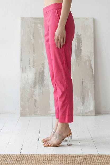 Pink Solid Chanderi Tapered Fit Ankle Length Trousers