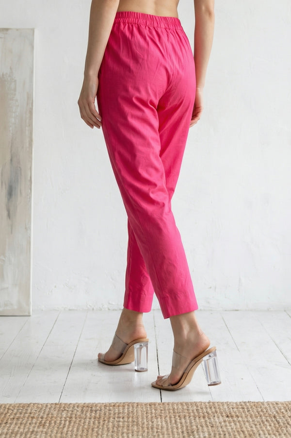 Pink Solid Chanderi Tapered Fit Ankle Length Trousers