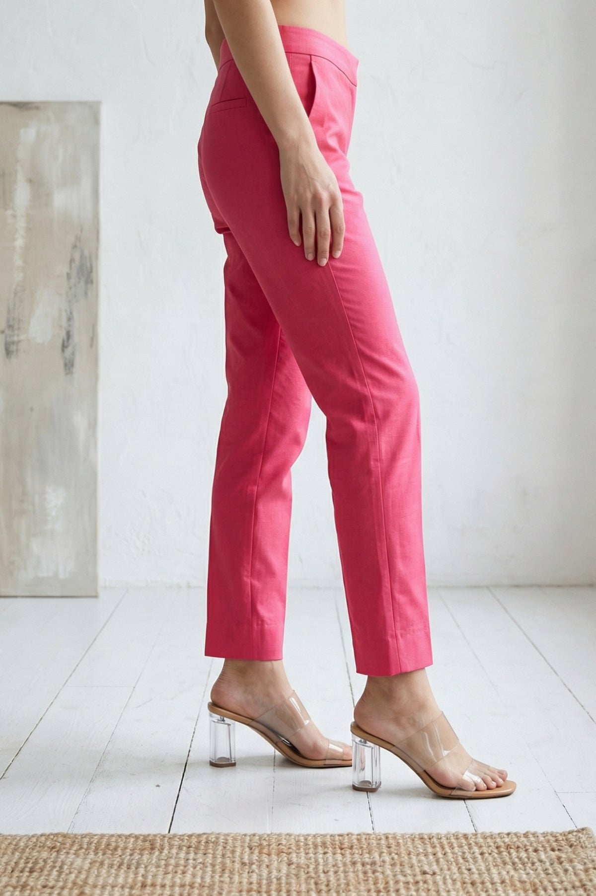 Pink Solid Chanderi Tapered Fit Ankle Length Trousers