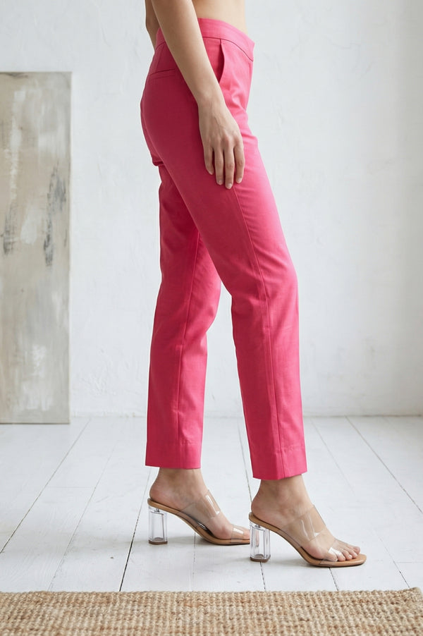 Pink Solid Chanderi Tapered Fit Ankle Length Trousers