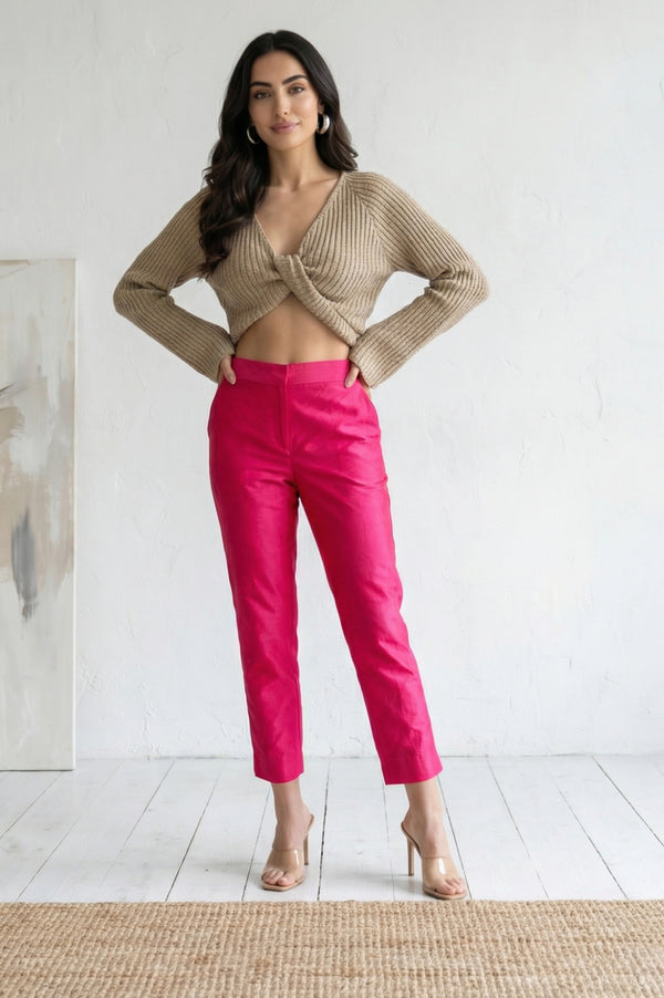 Pink Solid Chanderi Tapered Fit Ankle Length Trousers
