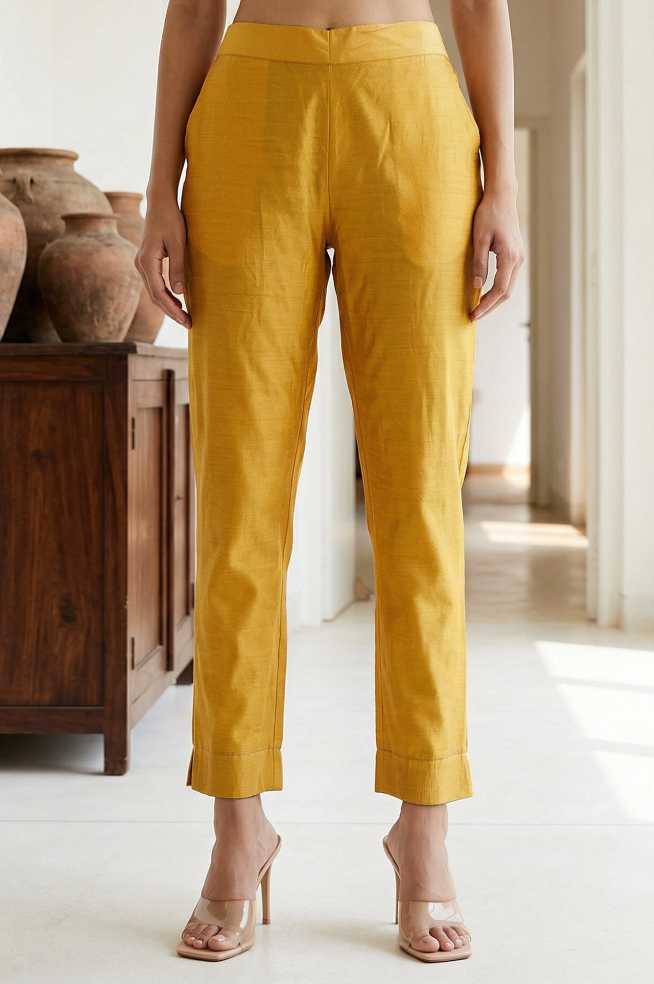 Mustard Solid Chanderi Straight Fit Ankle Length Trousers