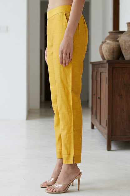 Mustard Solid Chanderi Straight Fit Ankle Length Trousers