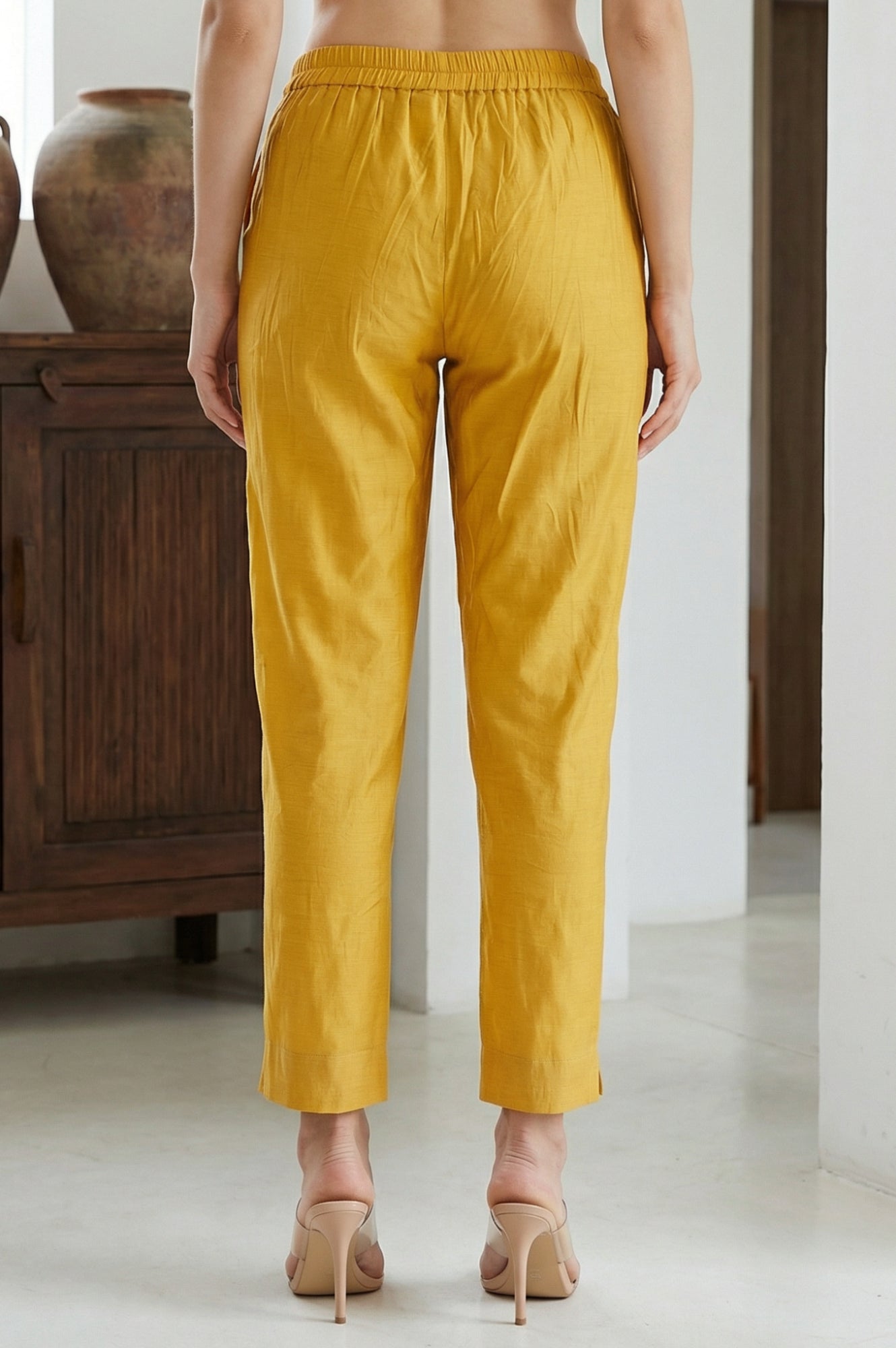 Mustard Solid Chanderi Straight Fit Ankle Length Trousers