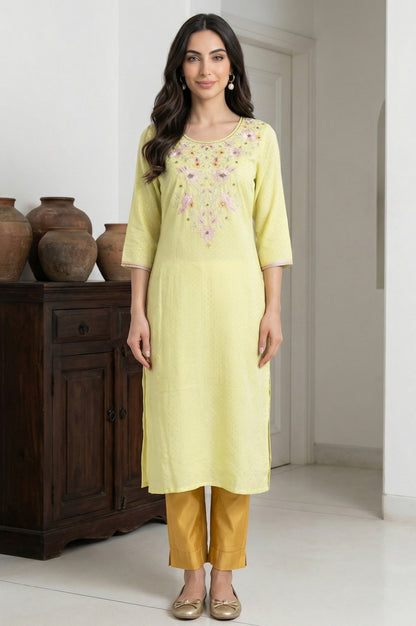 Mustard Solid Chanderi Straight Fit Ankle Length Trousers