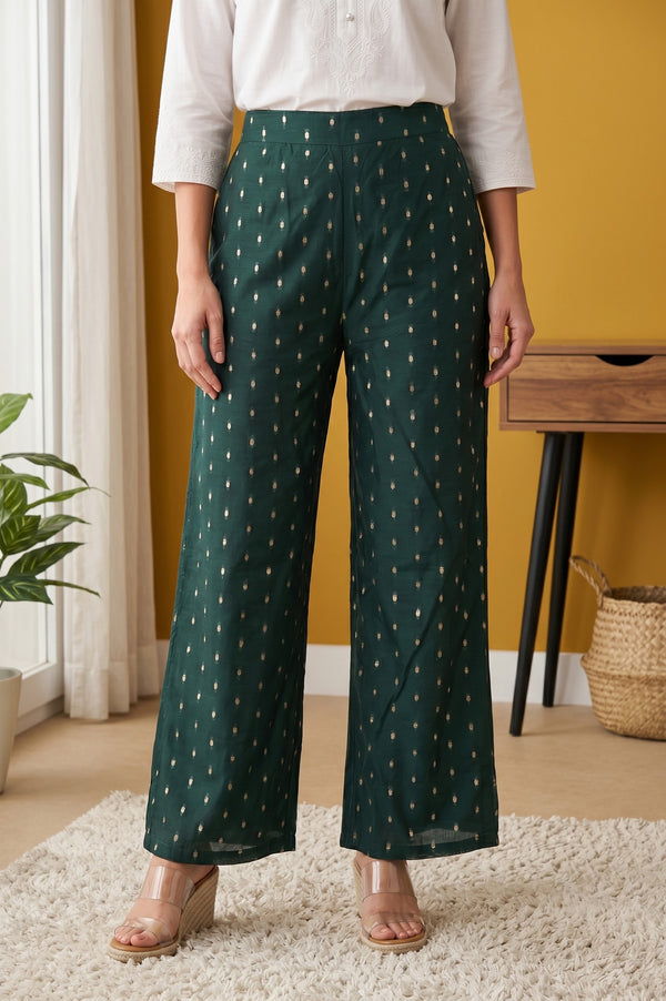 Green Ethnic Motifs Foil Printed Ankle Length Palazzo