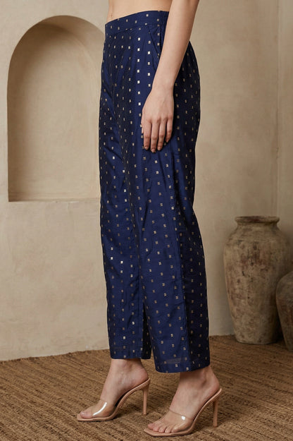 Navy Blue Chanderi Wide Leg Ankle Length Palazzo Pants