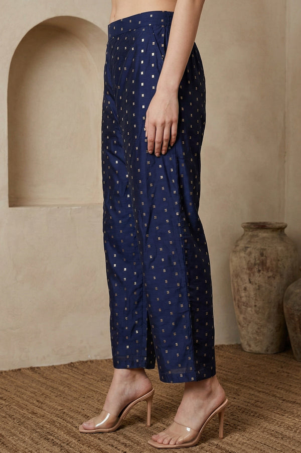 Navy Blue Chanderi Wide Leg Ankle Length Palazzo Pants