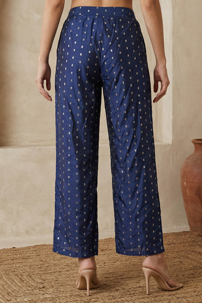Navy Blue Chanderi Wide Leg Ankle Length Palazzo Pants