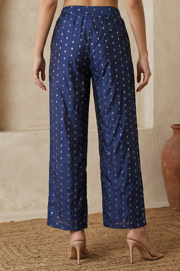 Navy Blue Chanderi Wide Leg Ankle Length Palazzo Pants