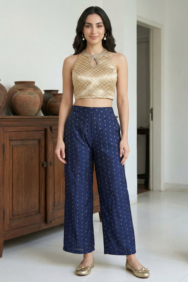 Navy Blue Chanderi Wide Leg Ankle Length Palazzo Pants