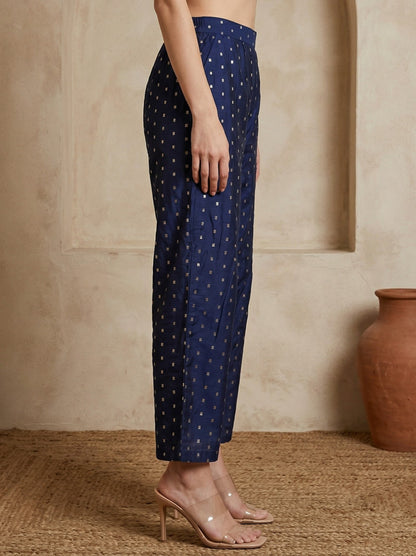 Navy Blue Chanderi Wide Leg Ankle Length Palazzo Pants