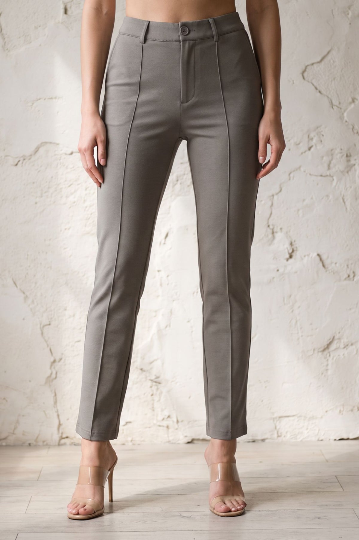 Grey Solid Buttons Slim Fit Ankle Length Mid Rise Work Pants