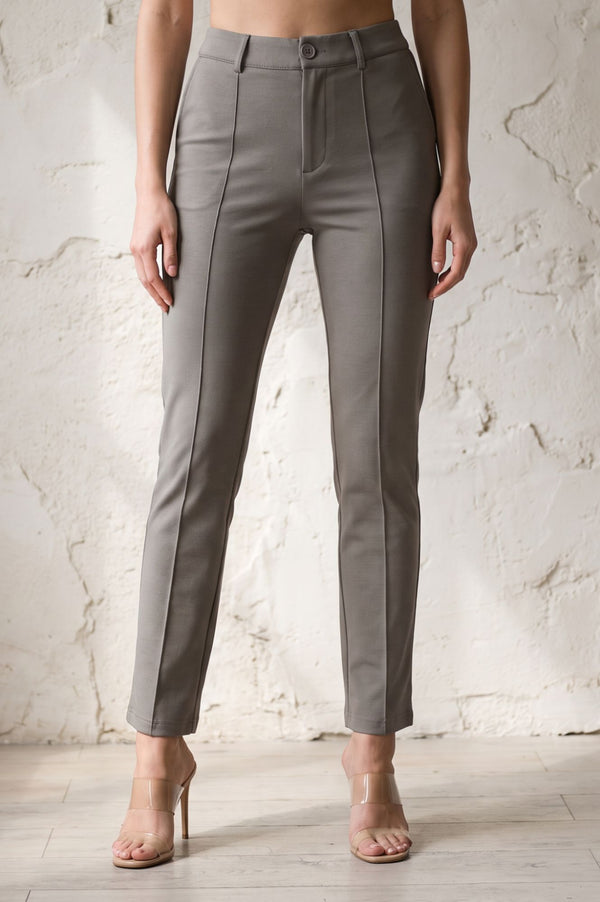 Grey Solid Buttons Slim Fit Ankle Length Mid Rise Work Pants