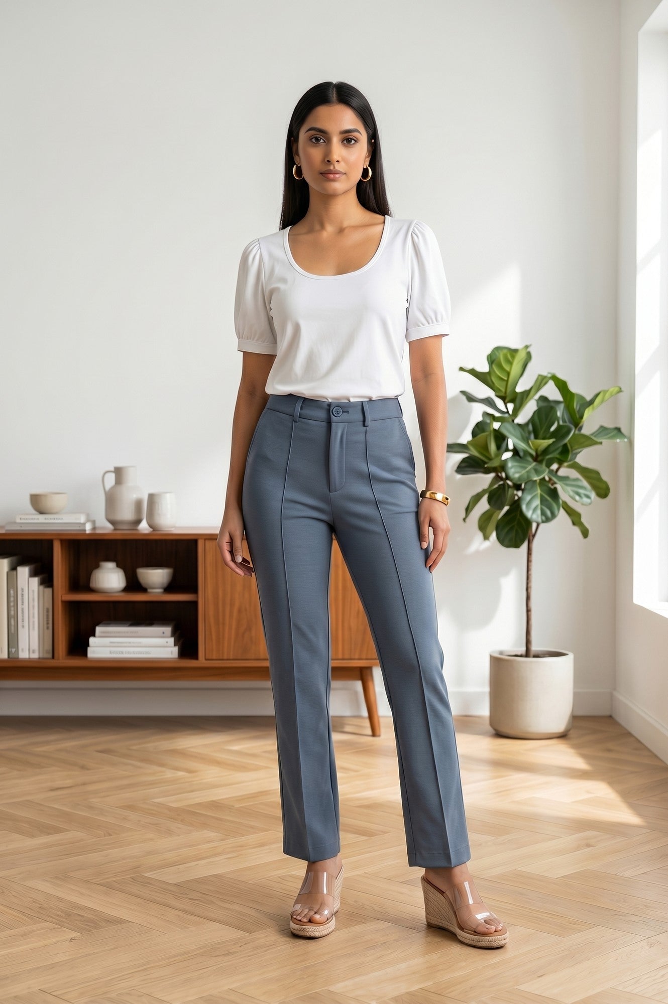 Grey Straight Fit Ankle Length Pants