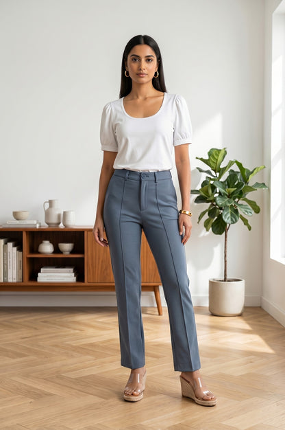 Grey Straight Fit Ankle Length Pants