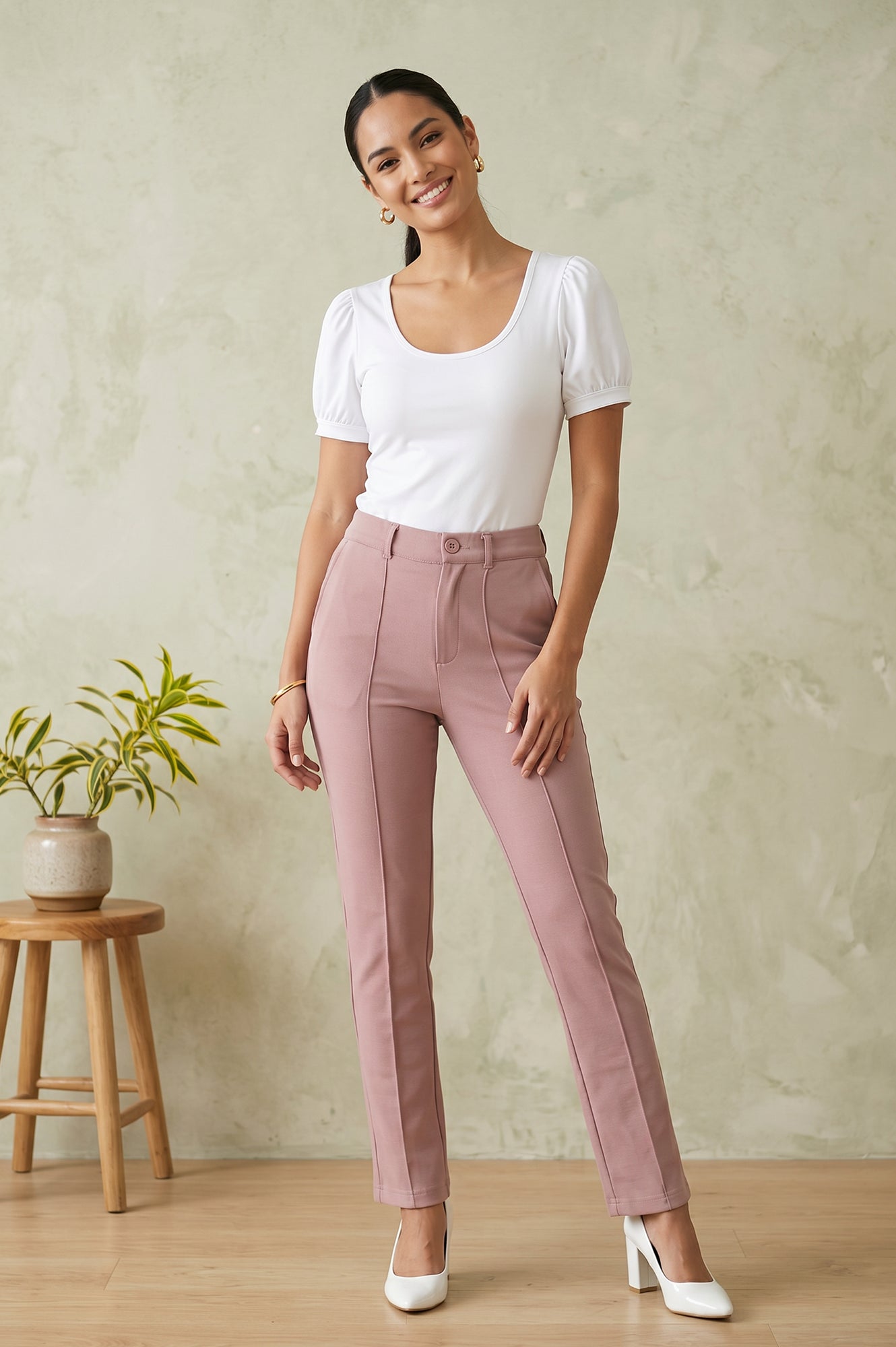 Mauve Slim Fit High Rise Ankle Length Pants