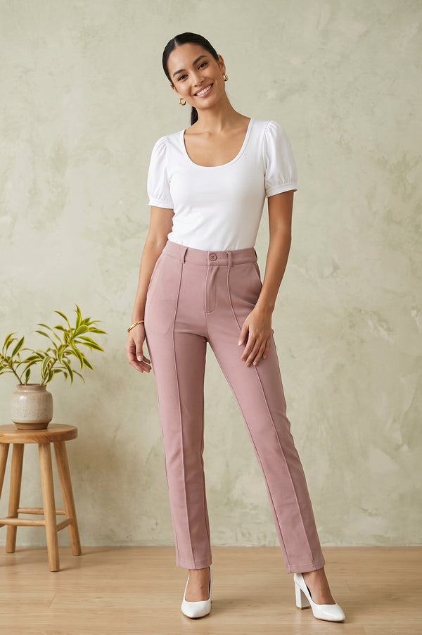 Mauve Slim Fit High Rise Ankle Length Pants