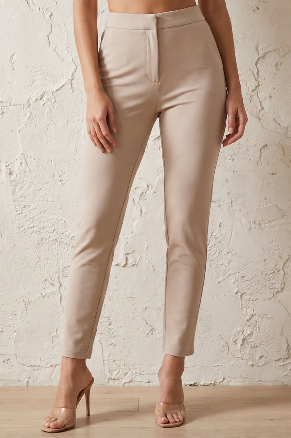 Beige Slim Fit Ankle Length Mid Rise Pants