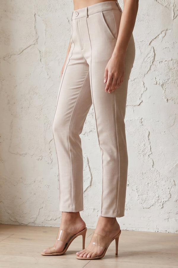 Beige Slim Fit Ankle Length Mid Rise Pants