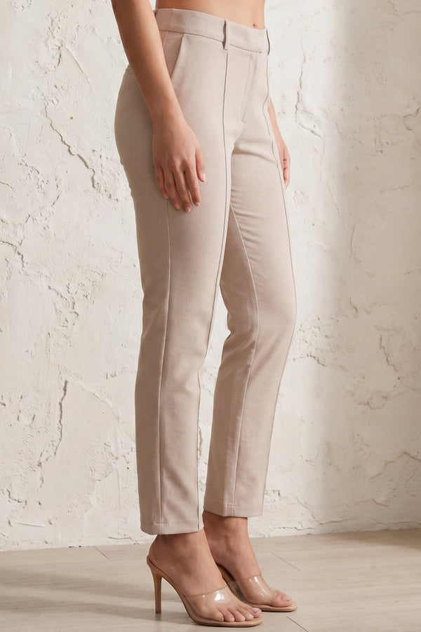 Beige Slim Fit Ankle Length Mid Rise Pants