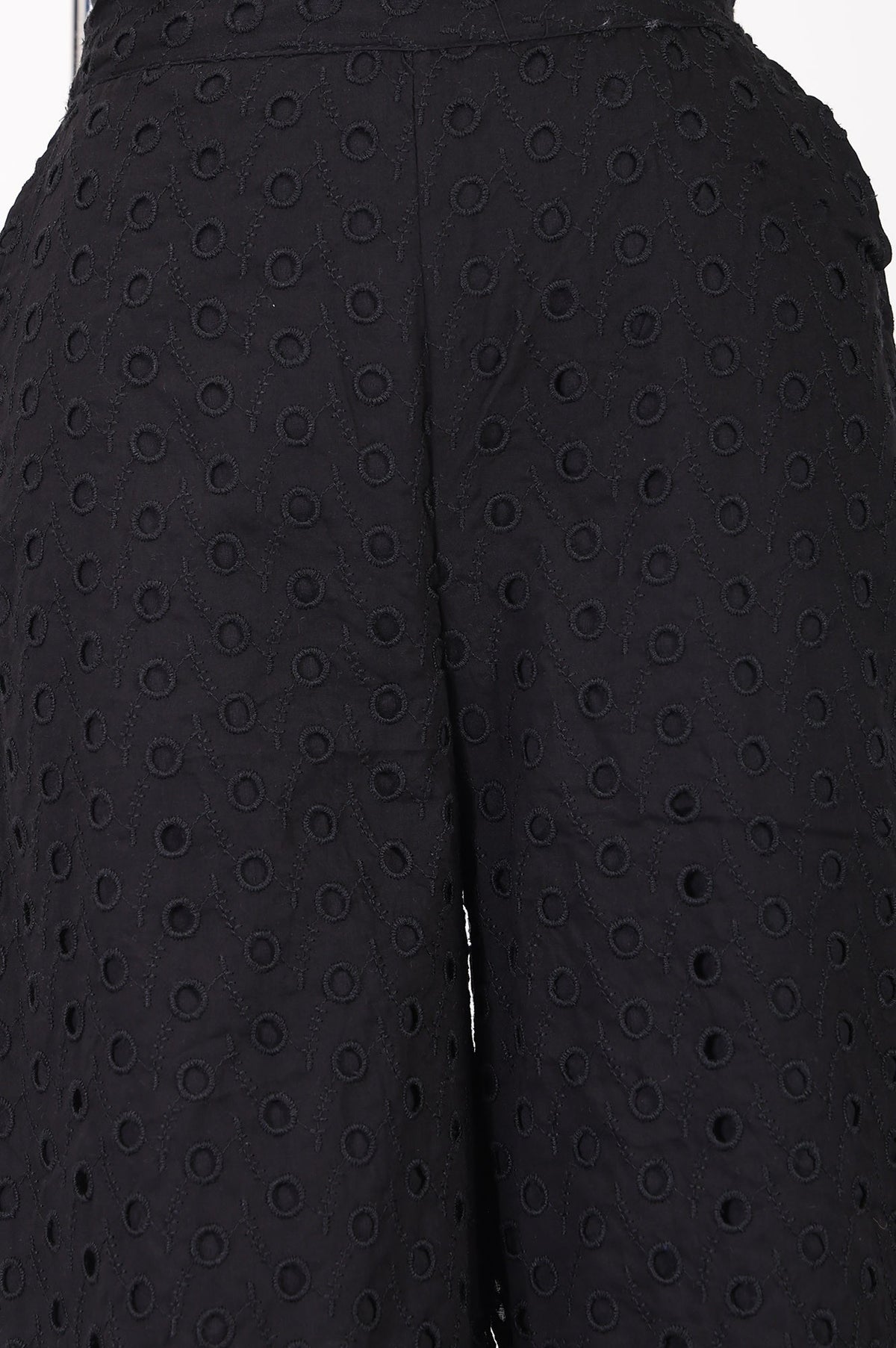 Black Pure Cotton Relaxed Fit Ankle Length Schiffli Palazzo