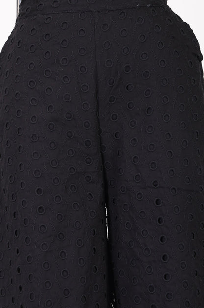 Black Pure Cotton Relaxed Fit Ankle Length Schiffli Palazzo