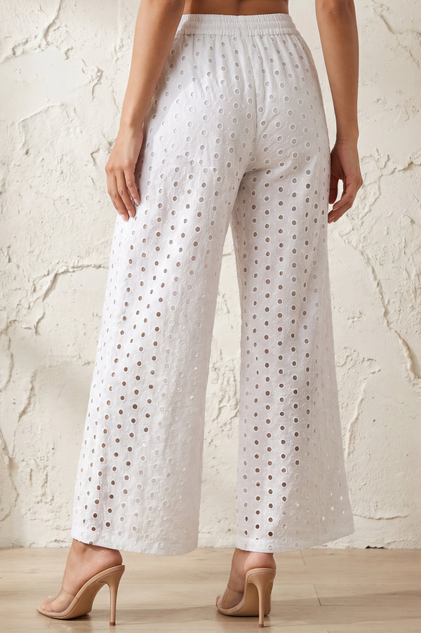 White Schiffily Pure Cotton Wide Leg Ankle Length Palazzo