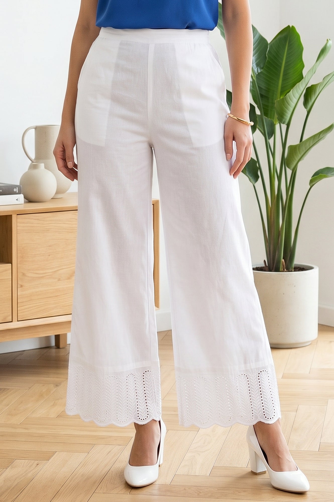 White Solid Schiffily Ankle Length Palazzo