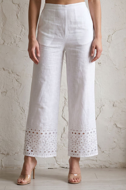 White Schiffly Embroidered Cotton Flax Wide Leg Ankle Length High Rise Palazzo